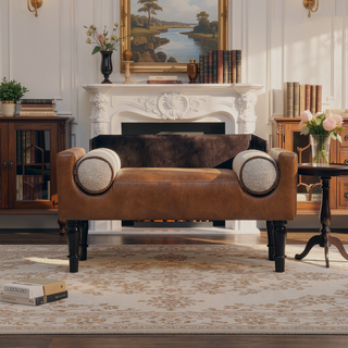 Sunvega Buffalo Leather Upholstered Bench with Plush Boucle Cushions and Solid Mango Wood