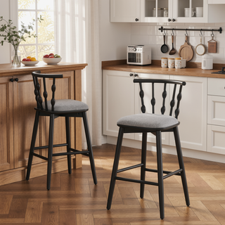 Sunvega Rubberwood Barstool Set of 2 with Grey Upholstery and Hourglass Backrest