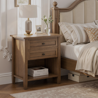 Sunvega Solid Wood Bedside Table with Two Drawers and Lower Shelf Storage