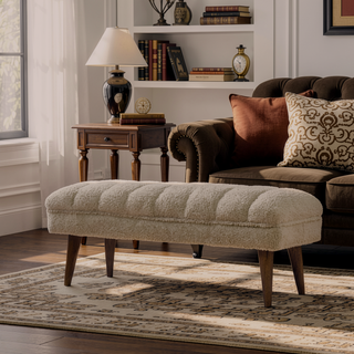 Sunvega Cream Boucle Puffer Bench with Curved Top and Nordic Legs for Living Room