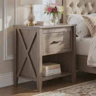 Sunvega Handcrafted Solid Wood Smoky Brown Bedside Table with Drawer and Storage
