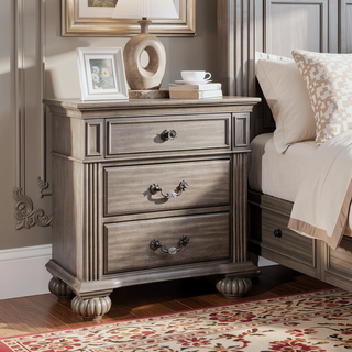 Sunvega Traditional Gray Solid Wood Nightstand with Antique Brass Handles