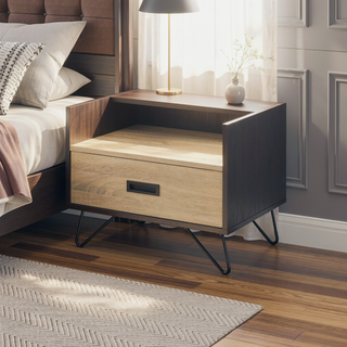 Sunvega Oak and Black Nightstand with Hairpin Legs and One Drawer