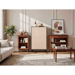 Sunvega White Laminate Nightstand with Wood Grain Detailing and Two Spacious Drawers