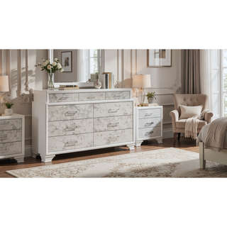 Sunvega Modern White Dresser with Marble Accents and Nine Drawers for Bedroom