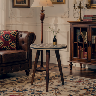 Sunvega Solid Mango Wood Tripod Stool with Beautiful Bone Inlay Top