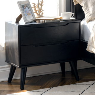 Sunvega Mid-Century Modern Black Solid Wood Nightstand with 2 Drawers and Round Tapered Legs