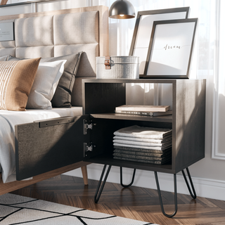Sunvega Vienna Nightstand with Single Door Cabinet and Two Shelves on Hairpin Legs
