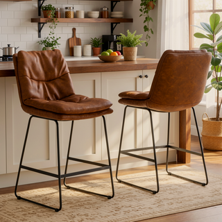 Sunvega Camel Brown Vegan Faux Leather Upholstered Counter Height Stool Set of 2