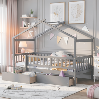 Sunvega Twin Size Wooden House Bed with Two Drawers and Headboard in White