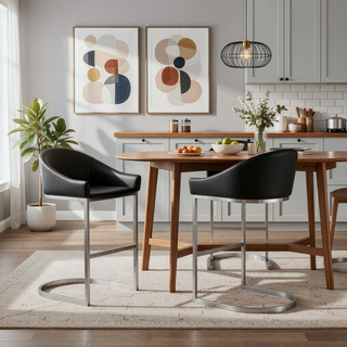 Sunvega Brushed Stainless Steel Bar Stool with Black Faux Leather Upholstery