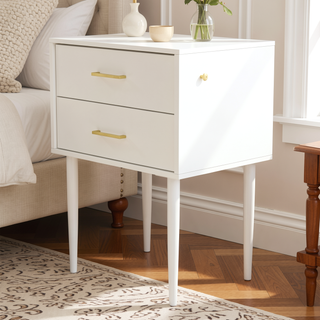 Sunvega Mid-Century Modern White Nightstand with Tapered Legs and Gold Handles