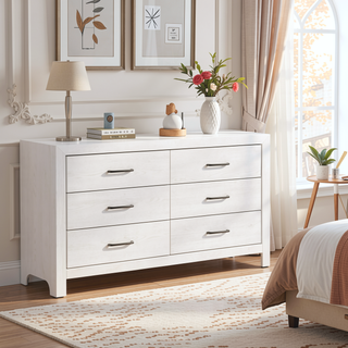 Sunvega 59 Inch Wide Dresser with Six Dovetail Drawers and Black Nickel Handles