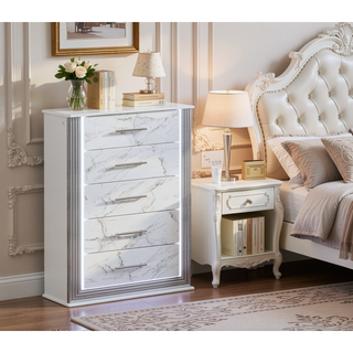 Sunvega Modern White and Gold Finish Five-Drawer Chest with LED Lights