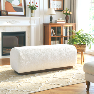Sunvega Ivory Boucle Bench with Teak Frame for Living Room or Bedroom