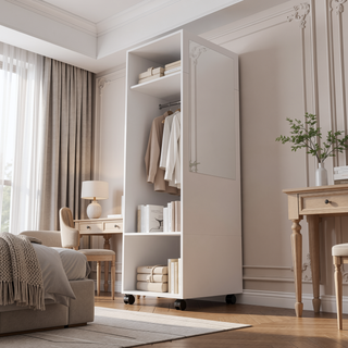 Sunvega White Armoire with Three Shelves Full-Length Mirror and Four Wheels