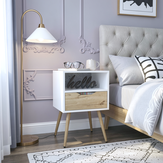Sunvega Smokey Oak and White Finish Nightstand with Open Shelf and Drawer