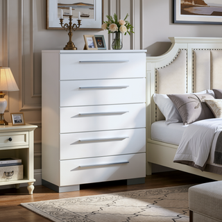 Sunvega Contemporary Glossy White Finish Chest with Five English Dovetail Drawers
