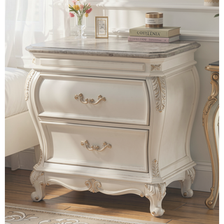 Sunvega Pearl White 2-Drawer Nightstand with Granite Top and Queen Anne Legs