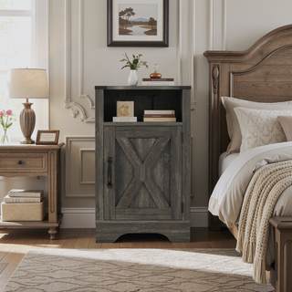 Sunvega White Oak Farmhouse Nightstand with Charging Station and Ample Storage