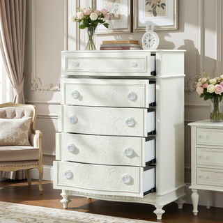 Sunvega Ivory Floral Embroidered 5-Drawer Chest with Wooden Bun Legs