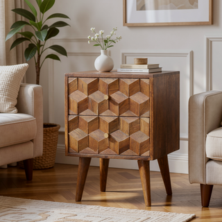 Sunvega Chestnut Cube Carved Nightstand with Nordic Legs and 2 Drawers