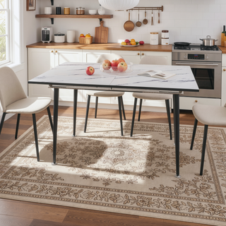 Sunvega Expandable Square Marble Pattern MDF Dining Table with Black Metal Legs