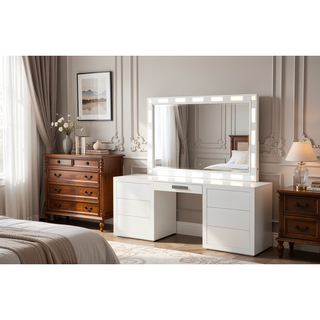 Sunvega Modern 8-Drawer Dresser with Mirror Lid and Jewelry Drawers in Weathered White