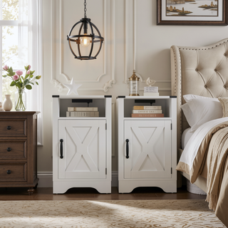 Sunvega White & Oak Farmhouse Nightstand with Electrical Outlets Charging Station and Storage