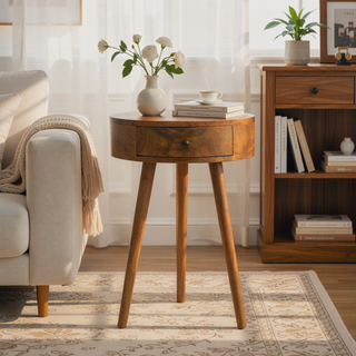 Sunvega Oak Circular Shaped Bedside Table with One Drawer for Home Decor