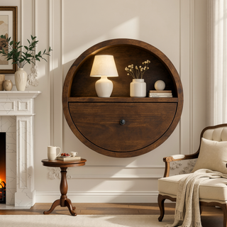 Sunvega Handcrafted Solid Wood Circular Bedside Table with Drawer and Open Slot