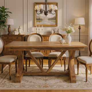 Sunvega Solid Wood Treston Dining Table with Broad Tabletop and Trestle Base
