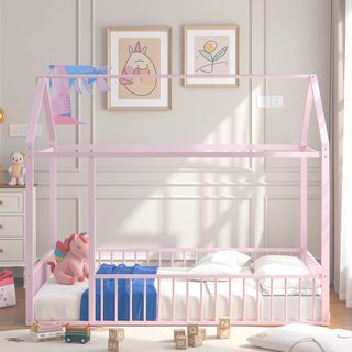 Sunvega Full Size Playhouse Metal Bed Frame with Fence for Kids and Teens