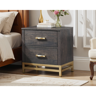 Sunvega Contemporary Gray Finish Nightstand with Gold Metallic Accents and Two Drawers