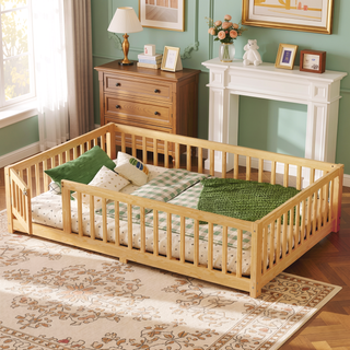 Sunvega Twin Size Floor Bed with Safety Guardrails and Door for Kids in Natural