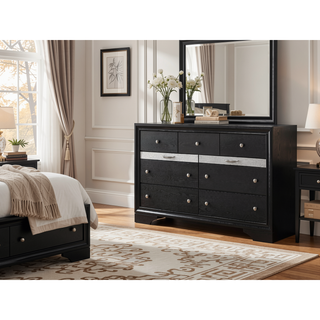 Sunvega Modern Glam Seven Drawer Dresser with Two Jewelry Trays and Black Finish
