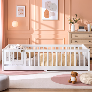 Sunvega Twin Size Floor Bed with Safety Guardrails and Door for Kids in Natural