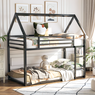 Sunvega Twin over Twin House Bunk Bed with Ladder and Slide in White
