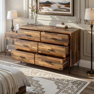 Sunvega Walnut Finish Dresser with Six Spacious Drawers and Storage Headboard