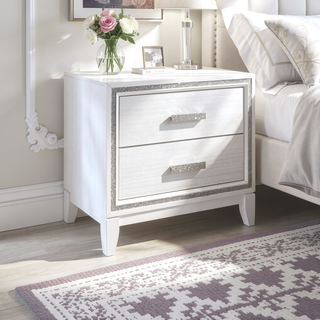 Sunvega White Finish Transitional Glam Nightstand with Spacious 2-Drawer Storage