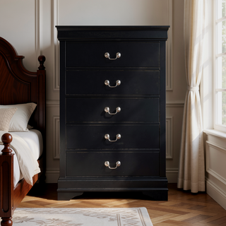 Sunvega Black Finish 5 Drawer Chest with Metal Glides and Nickel Handles