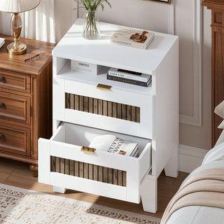 Sunvega White Farmhouse Queen Platform Bed with Wooden Strip Decoration and Plywood Slats