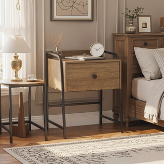 Sunvega Rustic Nightstand with Roomy Drawer and Industrial Metal Frame
