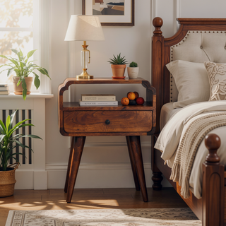 Sunvega Handcrafted Solid Mango Wood Nightstand with Drawer and Open Shelf