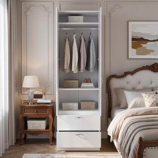 Sunvega Modern White Wardrobe with Hanging Rod, 2 Drawers and Storage Shelf