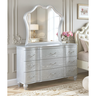 Sunvega Silver Wood 9-Drawer Dresser With Metal Pulls And Curved Front Design