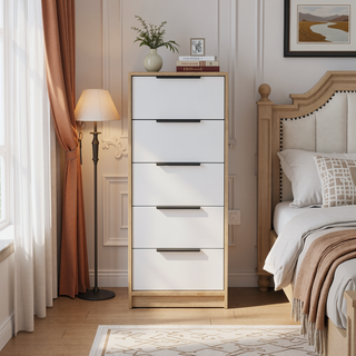 Sunvega White Pine Modern Vertical Five Drawer Dresser for Narrow Spaces