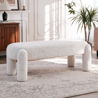Sunvega Contemporary Fully Upholstered Oval Bench with Boucle Fabric for Living Room