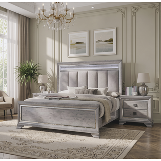 Sunvega Light Gray Finish Contemporary Nightstand with Two Drawers and Bevel Mirror Accents