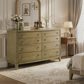 Sunvega Natural Pine 8-Drawer Dresser Cabinet with Solid Wood Tops and Antique Nickel Hardware